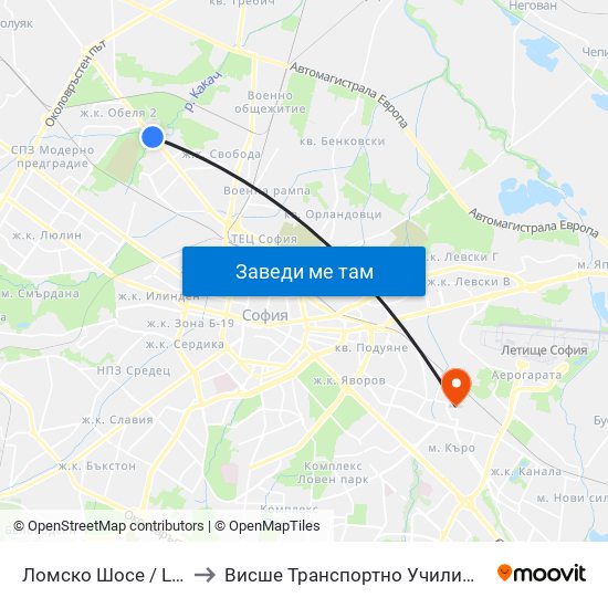 Ломско Шосе / Lomsko Shose to Висше Транспортно Училище Тодор Каблешков map