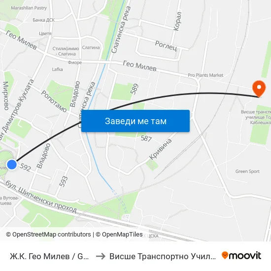 🚌 Ж.К. Гео Милев / Geo Milev Qr. (2595) to Висше Транспортно Училище Тодор Каблешков map
