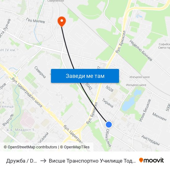 Дружба / Druzhba to Висше Транспортно Училище Тодор Каблешков map