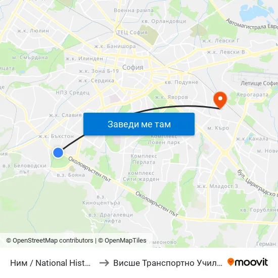🎨 Ним / National History Museum (2458) to Висше Транспортно Училище Тодор Каблешков map