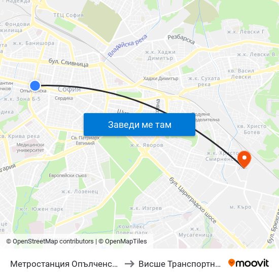Ⓜ️ Метростанция Опълченска / Opalchenska Metro Station (6408) to Висше Транспортно Училище Тодор Каблешков map