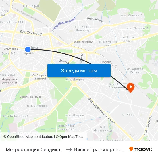 Ⓜ️ Метростанция Сердика / Serdika Metro Station (6459) to Висше Транспортно Училище Тодор Каблешков map