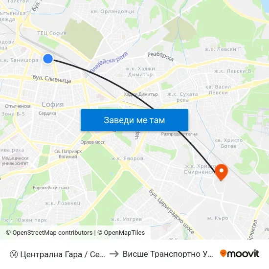 Ⓜ️ Централна Гара / Central Railway Station (1333) to Висше Транспортно Училище Тодор Каблешков map