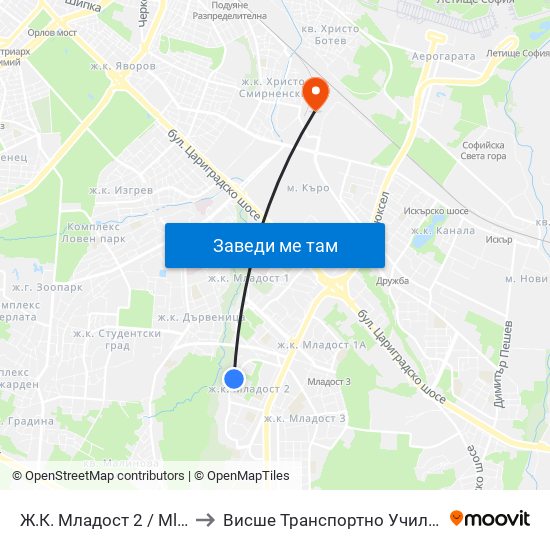 Ж.К. Младост 2 / Mladost 2 Qr. (0664) to Висше Транспортно Училище Тодор Каблешков map