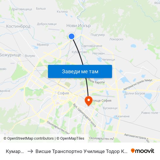 Кумарица to Висше Транспортно Училище Тодор Каблешков map