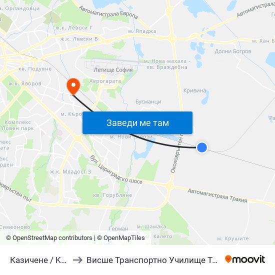 Казичене / Kazichene to Висше Транспортно Училище Тодор Каблешков map