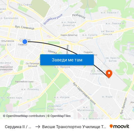 Сердика II / Serdika II to Висше Транспортно Училище Тодор Каблешков map