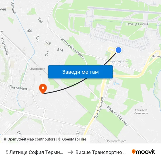 ✈️ Летище София Терминал 1 / Sofia Airport Terminal 1 to Висше Транспортно Училище Тодор Каблешков map