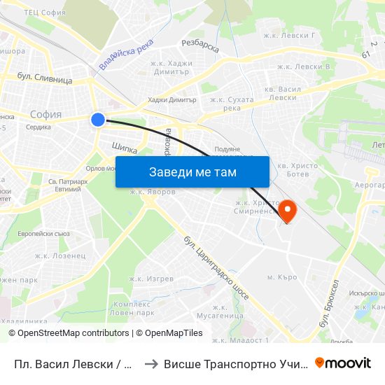 Пл. Васил Левски / Vasil Levski Sq. (1241) to Висше Транспортно Училище Тодор Каблешков map