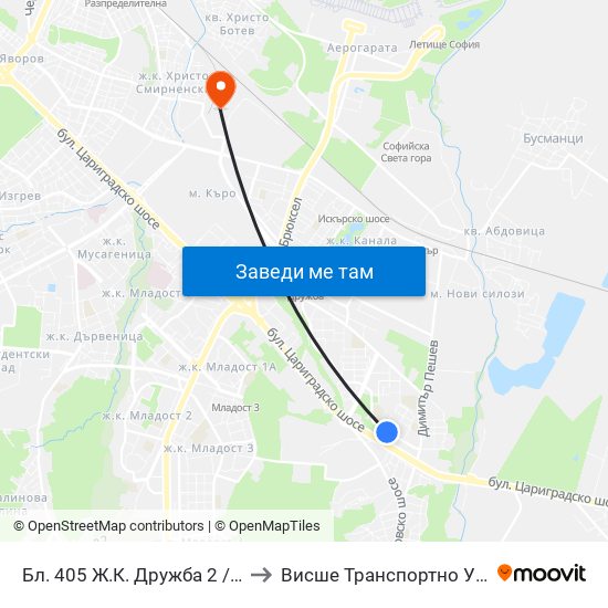Бл. 405 Ж.К. Дружба 2 / Bl. 405, Druzhba 2 Qr. (1488) to Висше Транспортно Училище Тодор Каблешков map