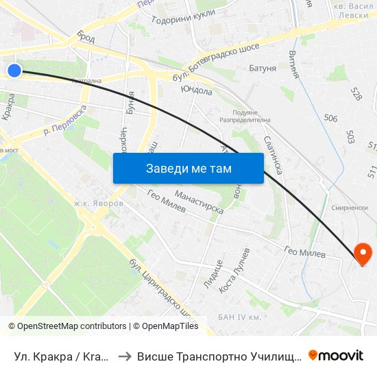 Ул. Кракра / Krakra St. (2012) to Висше Транспортно Училище Тодор Каблешков map