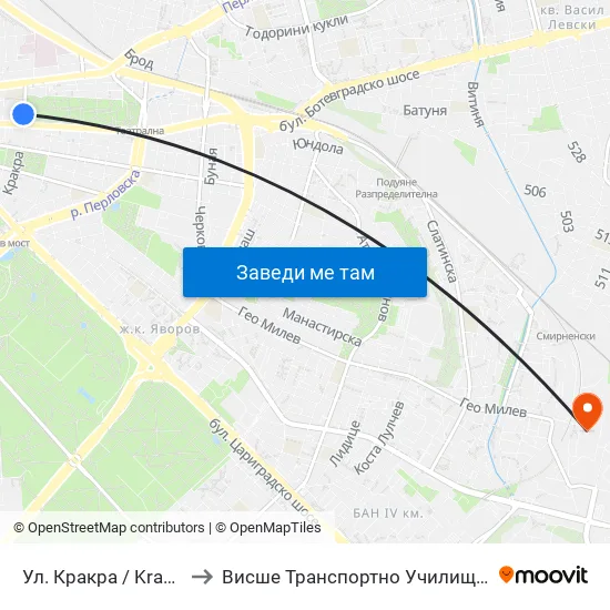Ул. Кракра / Krakra St. (2012) to Висше Транспортно Училище Тодор Каблешков map