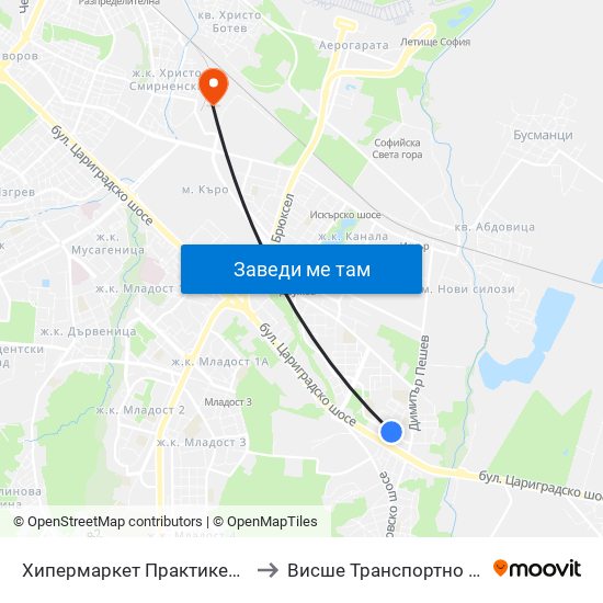 Хипермаркет Практикер / Praktiker Hypermarket (2408) to Висше Транспортно Училище Тодор Каблешков map