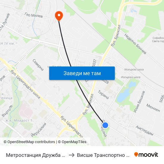 Ⓜ️ Метростанция Дружба / Druzhba Metro Station (2740) to Висше Транспортно Училище Тодор Каблешков map