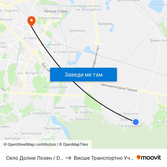 Село Долни Лозен / Dolni Lozen Village (2800) to Висше Транспортно Училище Тодор Каблешков map