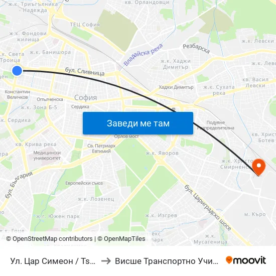 Ул. Цар Симеон / Tsar Simeon St. (2249) to Висше Транспортно Училище Тодор Каблешков map