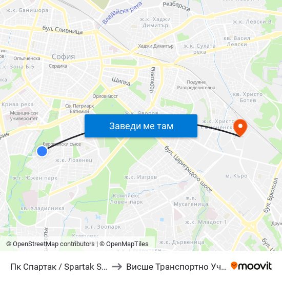 Пк Спартак / Spartak Swimming Complex (1344) to Висше Транспортно Училище Тодор Каблешков map