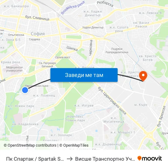 Пк Спартак / Spartak Swimming Complex (1344) to Висше Транспортно Училище Тодор Каблешков map