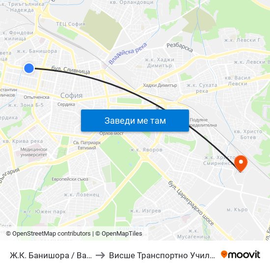 Ж.К. Банишора / Banishora Qr. (0804) to Висше Транспортно Училище Тодор Каблешков map