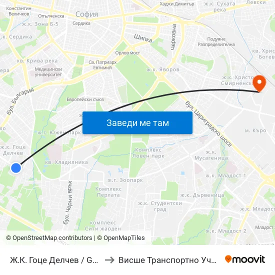 Ж.К. Гоце Делчев / Gotse Delchev Qr. (0600) to Висше Транспортно Училище Тодор Каблешков map