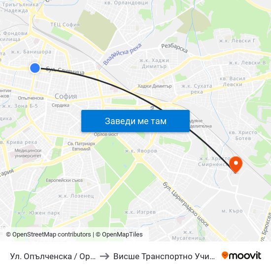 Ул. Опълченска / Opalchenska St. (2082) to Висше Транспортно Училище Тодор Каблешков map