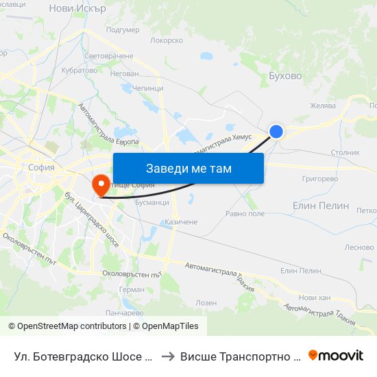 Ул. Ботевградско Шосе / Botevgradsko Shosse St. (2816) to Висше Транспортно Училище Тодор Каблешков map