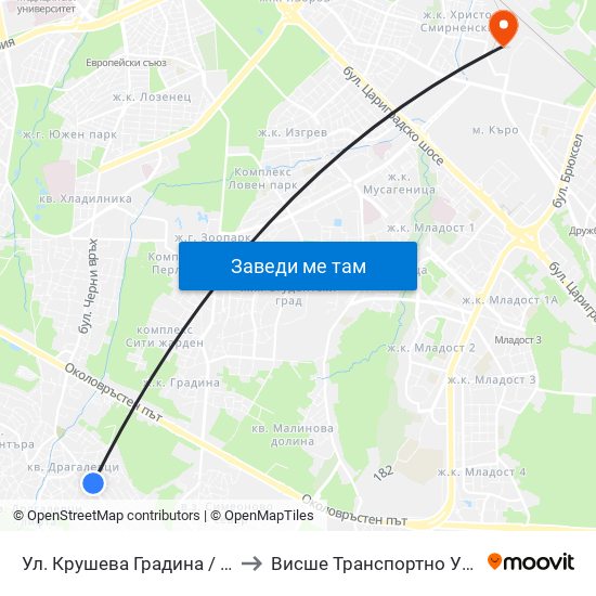 Ул. Крушева Градина / Krusheva Gradina St (6705) to Висше Транспортно Училище Тодор Каблешков map