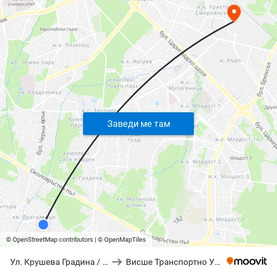 Ул. Крушева Градина / Krusheva Gradina St (6705) to Висше Транспортно Училище Тодор Каблешков map