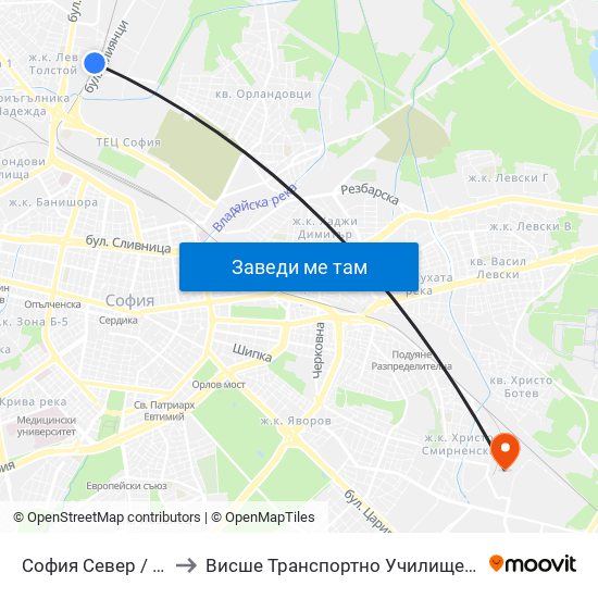 София Север / Sofia North to Висше Транспортно Училище Тодор Каблешков map