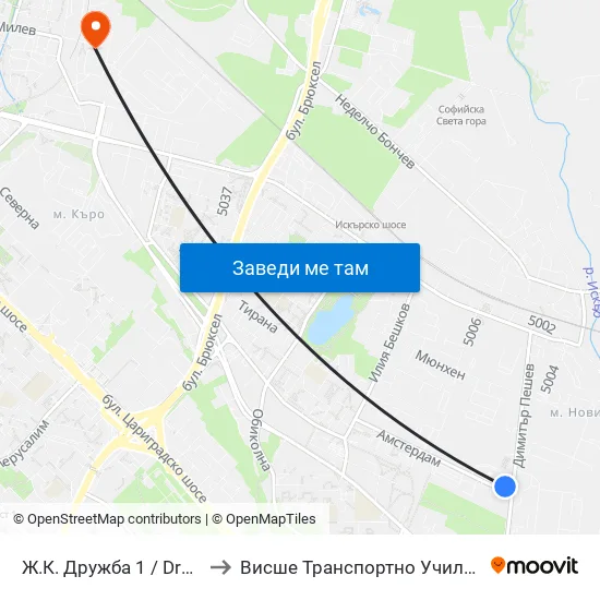 Ж.К. Дружба 1 / Druzhba 1 Qr. (2424) to Висше Транспортно Училище Тодор Каблешков map