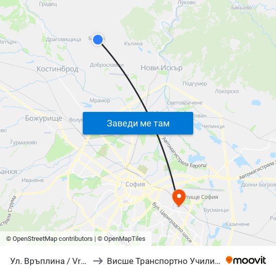 Ул. Връплина / Vraplina St. (2818) to Висше Транспортно Училище Тодор Каблешков map