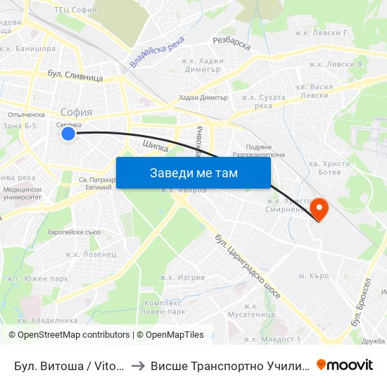 Бул. Витоша / Vitosha Blvd. (2825) to Висше Транспортно Училище Тодор Каблешков map