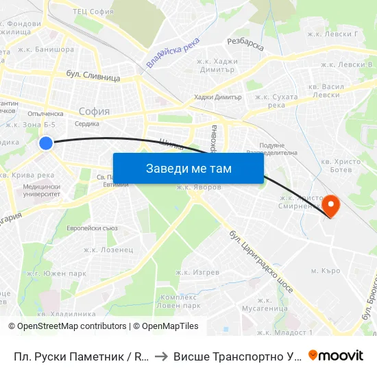 Пл. Руски Паметник / Russian Monument Sq. (1300) to Висше Транспортно Училище Тодор Каблешков map