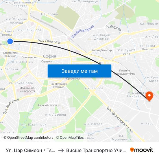 Ул. Цар Симеон / Tsar Simeon St. (2250) to Висше Транспортно Училище Тодор Каблешков map