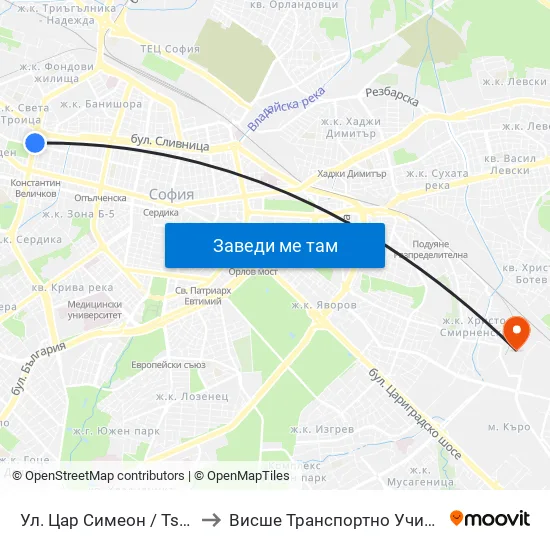 Ул. Цар Симеон / Tsar Simeon St. (2250) to Висше Транспортно Училище Тодор Каблешков map