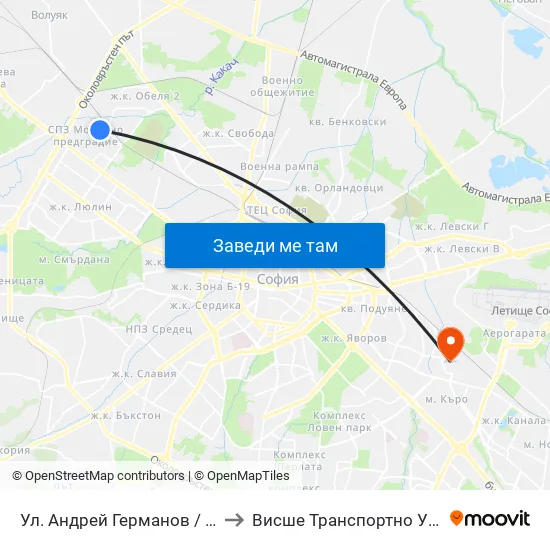 Ул. Андрей Германов / Andrey Germanov St. (2562) to Висше Транспортно Училище Тодор Каблешков map