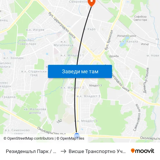 Резиденшъл Парк / Residential Park (2839) to Висше Транспортно Училище Тодор Каблешков map