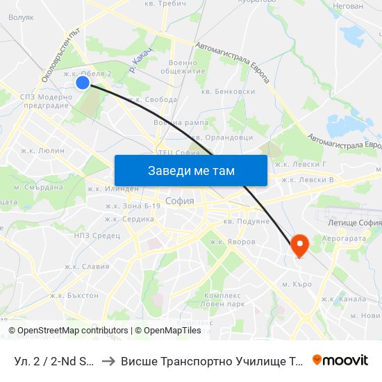 Ул. 2 / 2-Nd St. (6645) to Висше Транспортно Училище Тодор Каблешков map