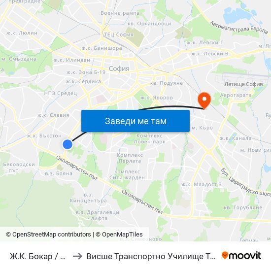 Ж.К. Бокар / Bokar Qr. to Висше Транспортно Училище Тодор Каблешков map