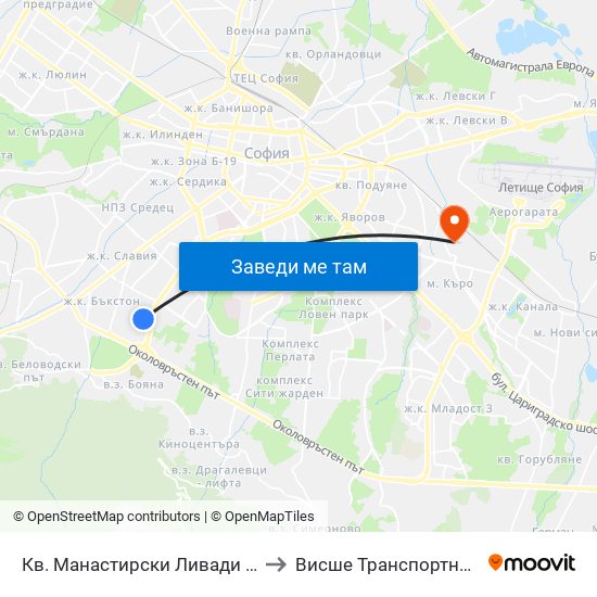Кв. Манастирски Ливади - Запад / Manastirski Livadi - West Qr. to Висше Транспортно Училище Тодор Каблешков map
