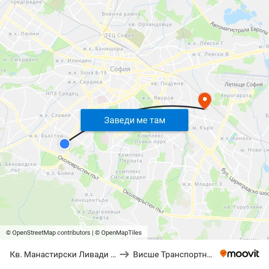 Кв. Манастирски Ливади - Запад / Manastirski Livadi - West Qr. to Висше Транспортно Училище Тодор Каблешков map