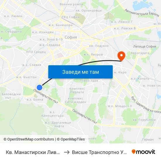 Кв. Манастирски Ливади / Manastirski Livadi Qr to Висше Транспортно Училище Тодор Каблешков map