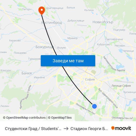 Студентски Град / Students' Town (2382) to Стадион Георги Бенковски map