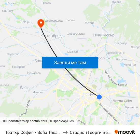Театър София / Sofia Theatre (1727) to Стадион Георги Бенковски map