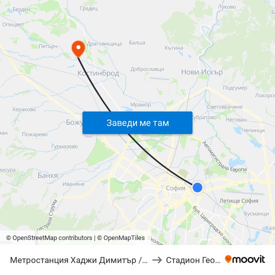 Метростанция Хаджи Димитър / Hadzhi Dimitar Metro Station (0303) to Стадион Георги Бенковски map