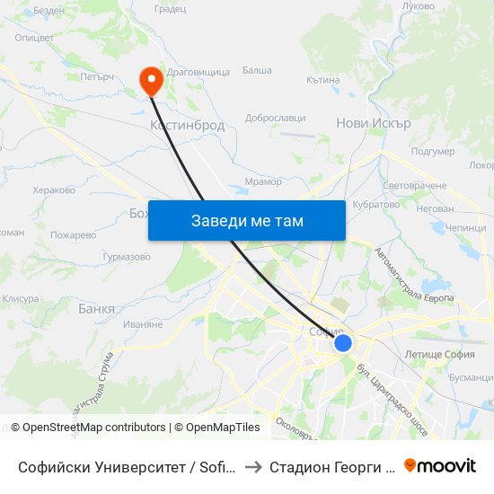 Софийски Университет / Sofia University (1699) to Стадион Георги Бенковски map