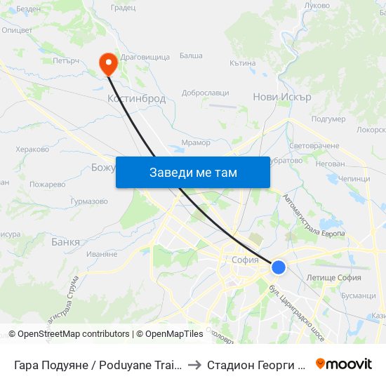 Гара Подуяне / Poduyane Train Station (0468) to Стадион Георги Бенковски map