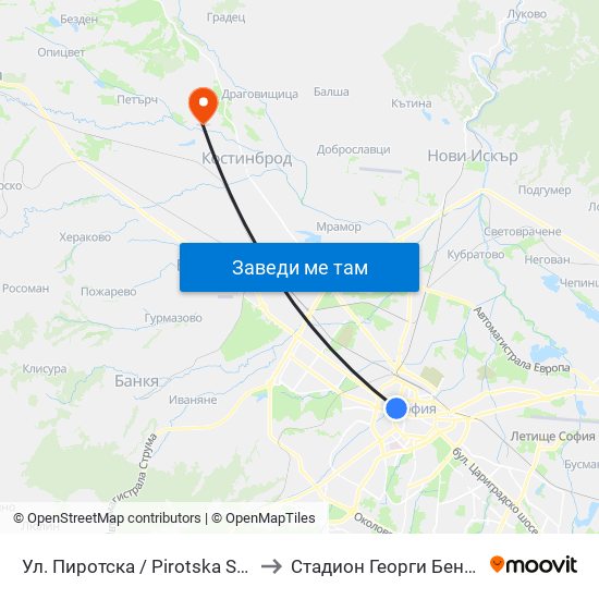 Ул. Пиротска / Pirotska St. (2111) to Стадион Георги Бенковски map