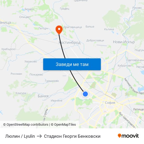 Люлин / Lyulin to Стадион Георги Бенковски map