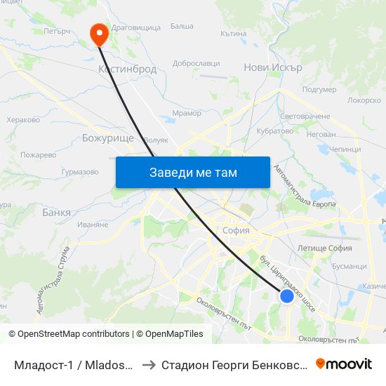 Младост-1 / Mladost 1 to Стадион Георги Бенковски map